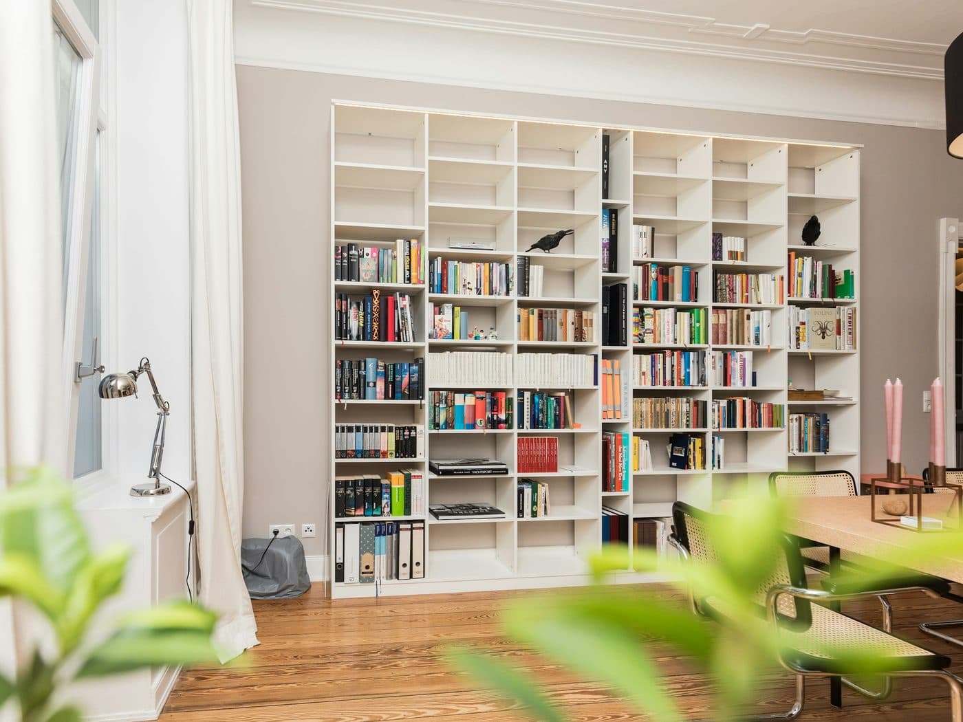 Bibliothèque murale rangée dans un salon clair
